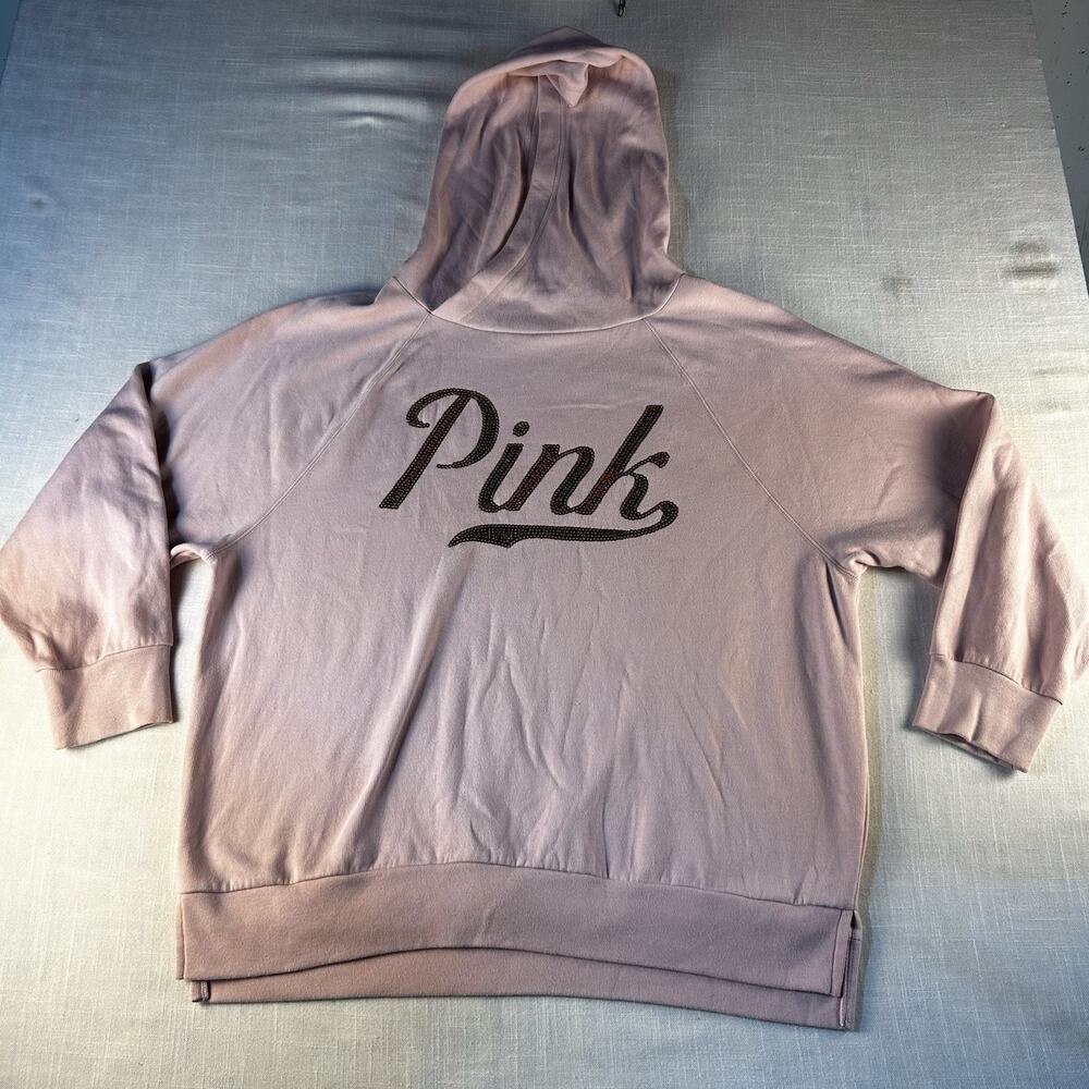 Victoria's Secret PINK Sweatshirt Women Hoodie Cowl Neck Sequins Logo Bling Sz L